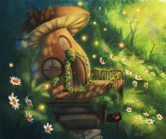 Fantasy mushroom house in the woods