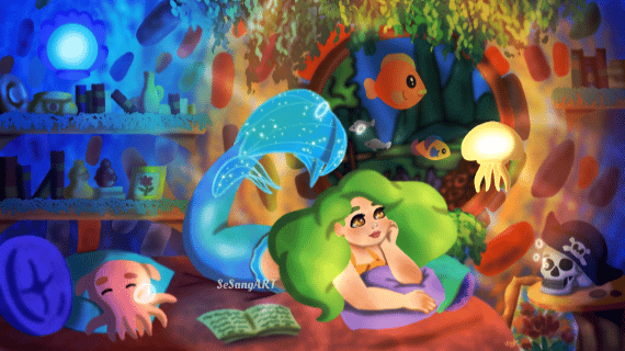 The green haired mermaid and the glowing Jellyfish